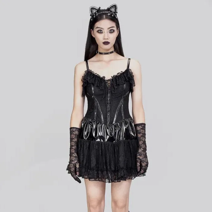 Women's Gothic Ruffled Lace Splice Patent Leather Slip Dress