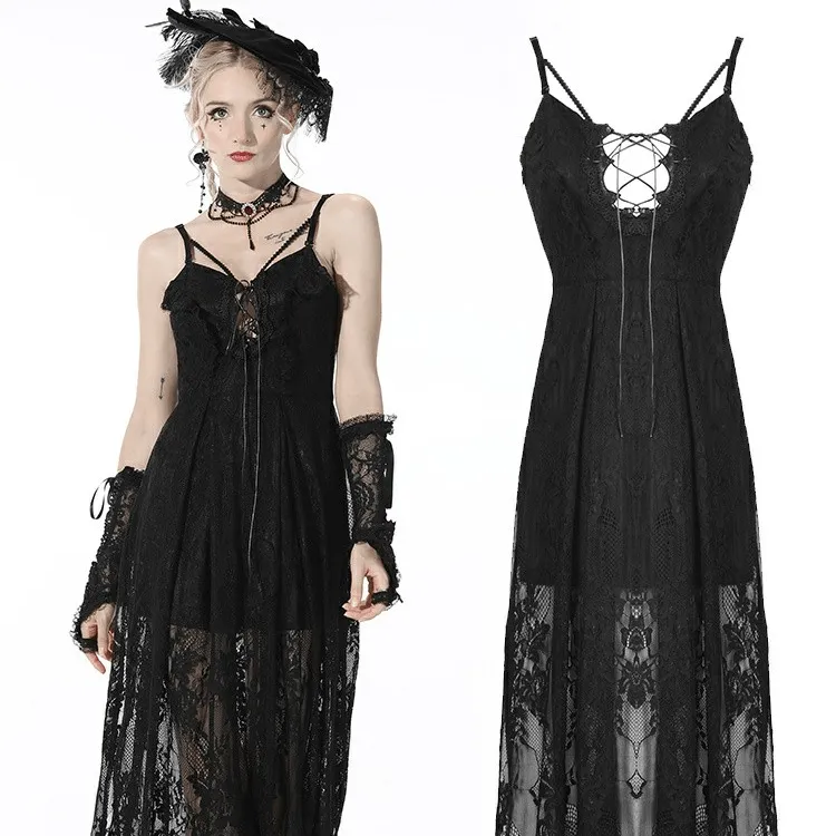 Women's Gothic Strappy Lace Black Slip Dress