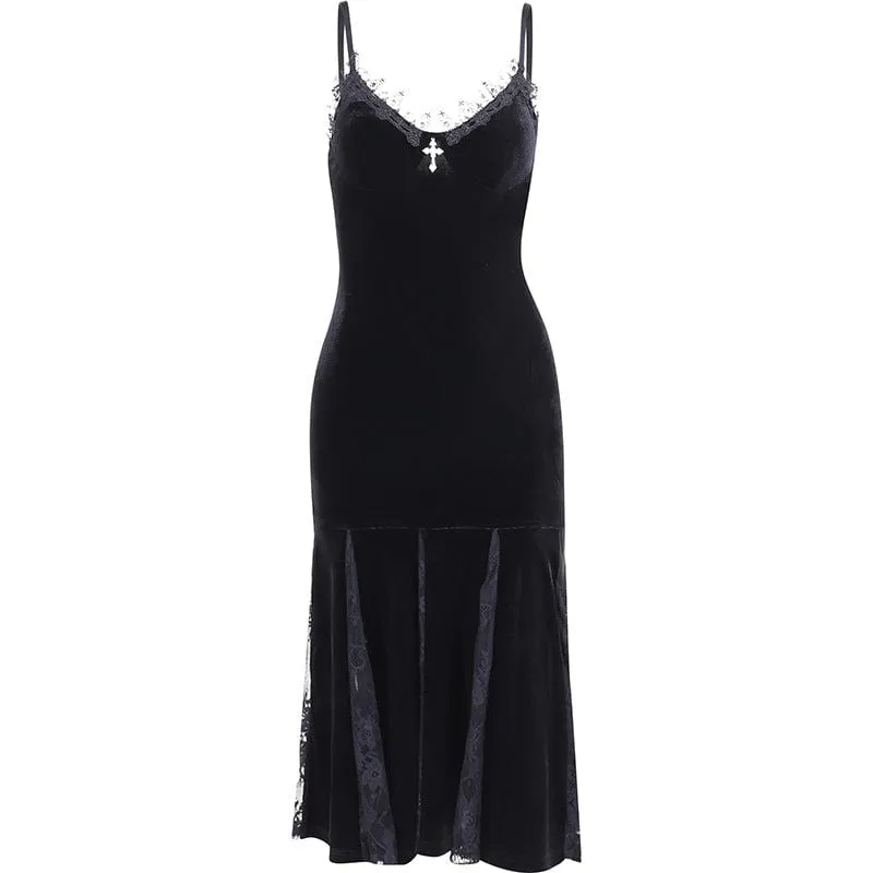 Women's Gothic Velvet Lace Fishtail Slip Dress