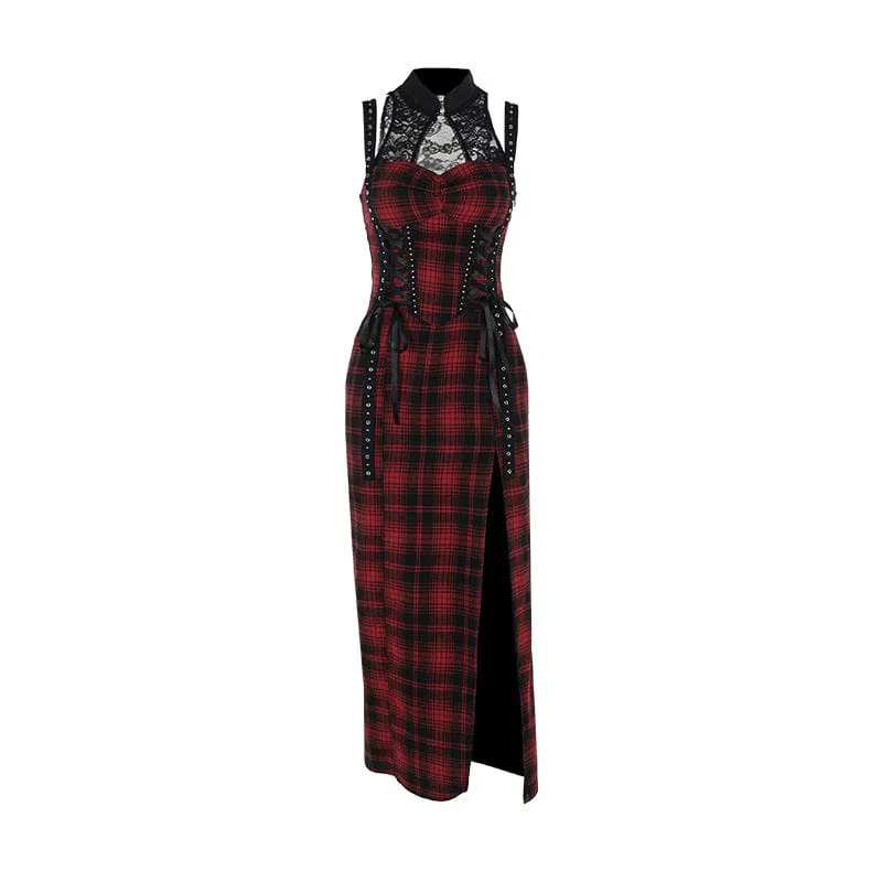 Women's Grunge Plaid Eyelets Slip Dress Black Red