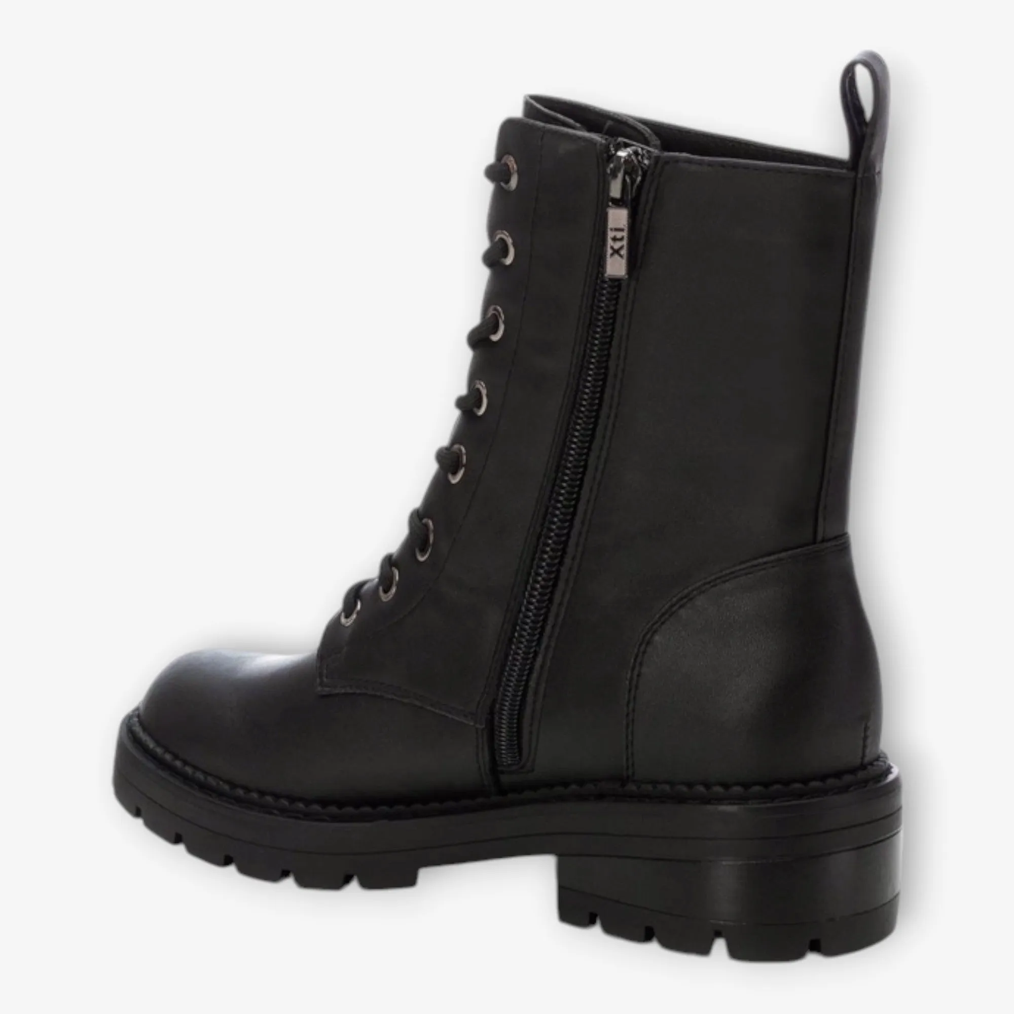 XTI Black Lace-Up Boots with Chunky Sole and Side Zip