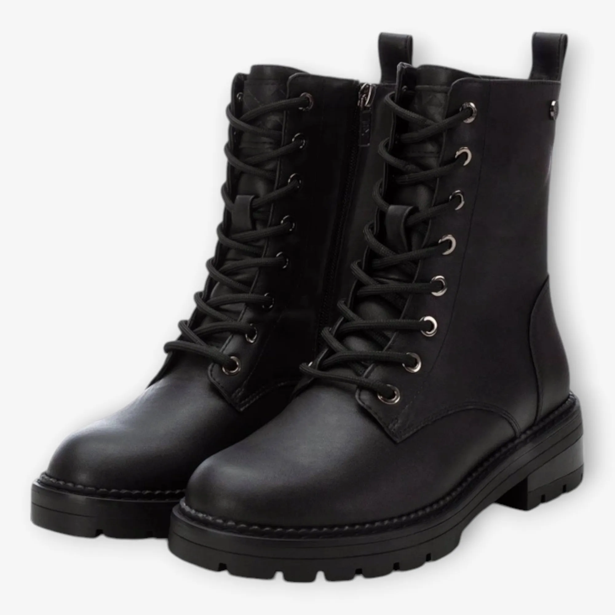 XTI Black Lace-Up Boots with Chunky Sole and Side Zip