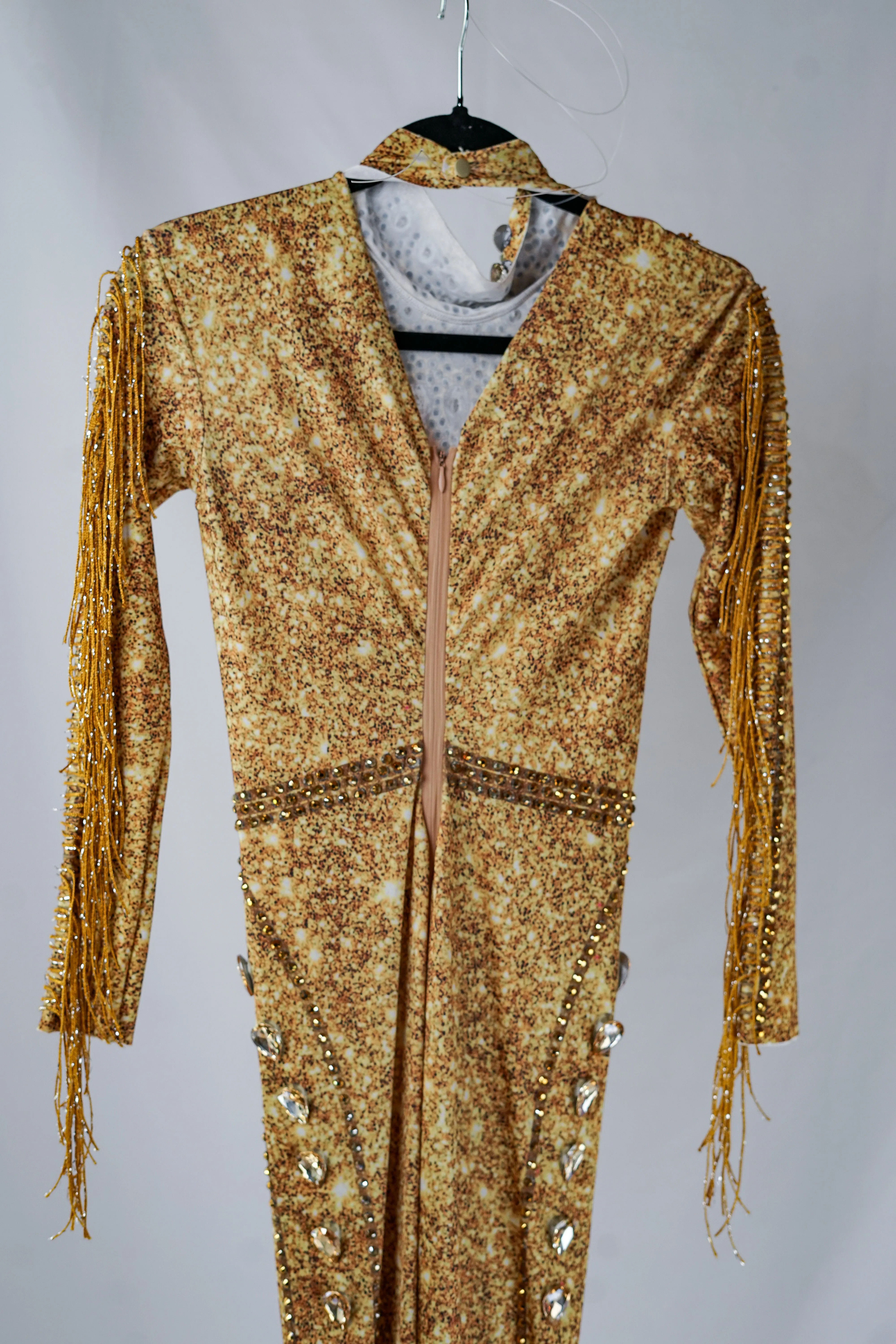 Yellow Long Sleeve Bodycon Bodysuit with Gold Adornments and Crystals